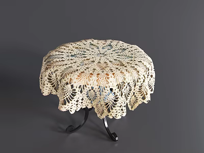 Stylish Round Outdoor Table With White Crocheted Tablecloth And Black Metal Legs 3d model