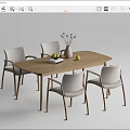 Wooden Dining Table Set With Four Light Gray Armchairs Vase Flowers Books And Fruits