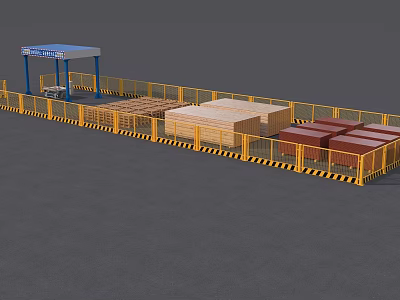 Industrial Factory Storage Area With Yellow Safety Railings Blue Canopy And Wooden Pallets 3d model