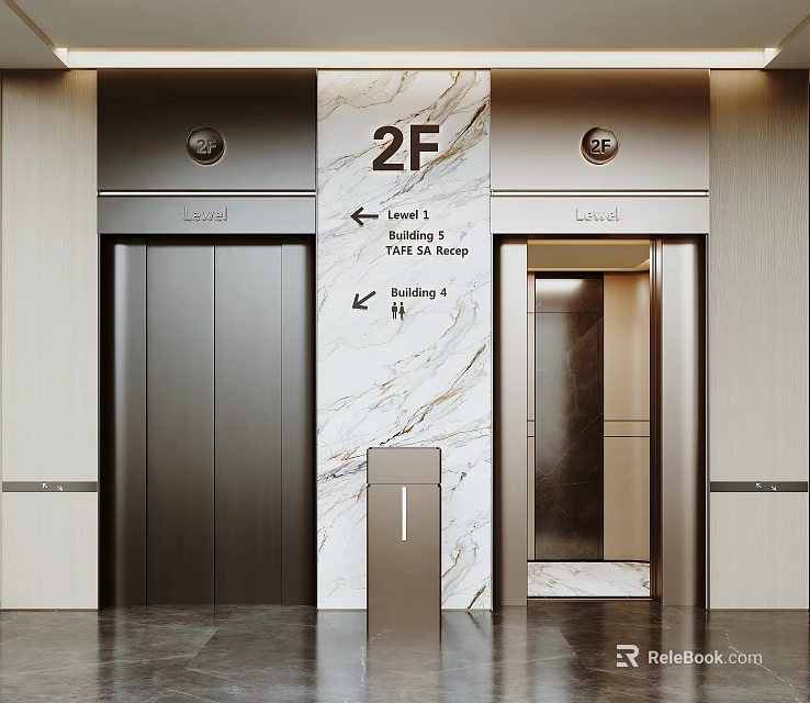 Modern Elevator Hallway With 2F Sign Direction Indicators And Marble Walls 3d model