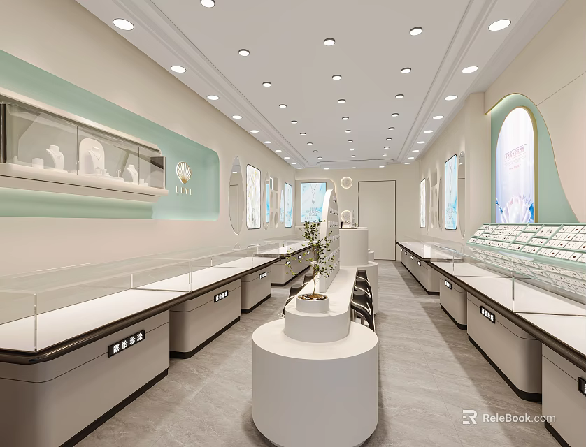 Modern Bright Jewelry Store Interior Design With Elegant Glass Display Counters Showcasing Various Fine Jewelry 3d model 