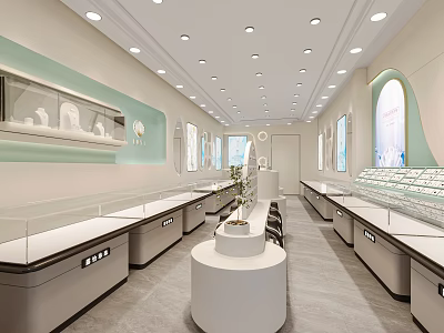 Modern Bright Jewelry Store Interior Design With Elegant Glass Display Counters Showcasing Various Fine Jewelry 3d model