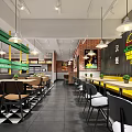 Contemporary Restaurant Interior With Red Brick Walls Wooden Panels Green Signs And Checkered Floor
