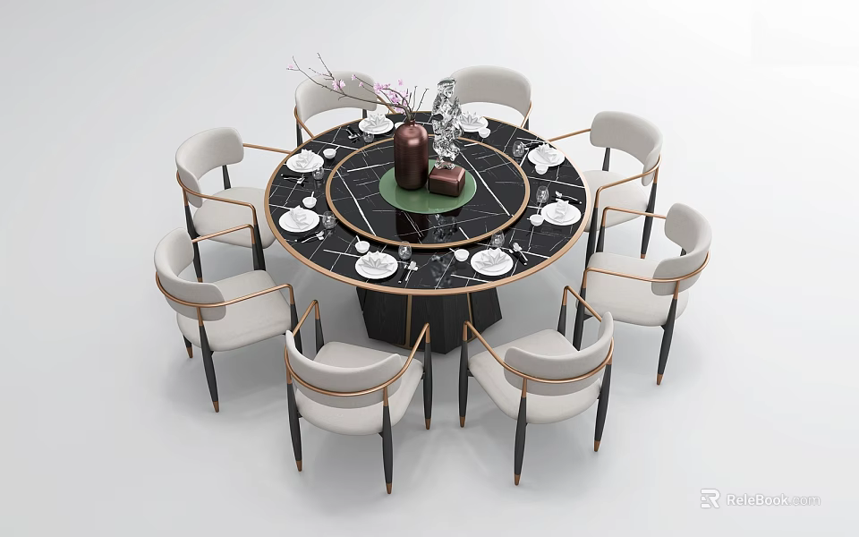 Luxury Round Dining Table Set with Six Light Colored Chairs Marble Top and Decorative Vase 3d model 
