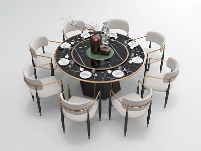 Luxury Round Dining Table Set with Six Light Colored Chairs Marble Top and Decorative Vase 3d model