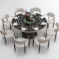 Luxury Round Dining Table Set with Six Light Colored Chairs Marble Top and Decorative Vase