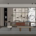 Modern Tea Room Interior Featuring Long Wooden Table Tea Sets Decorative Shelves And Green Plants