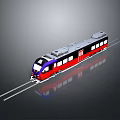Sleek Modern Red Blue Train With Black Front On Tracks And Passenger Windows