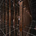 Amusement Park Mirror Maze Featuring Wooden Signs And People Exploring Fun Activity