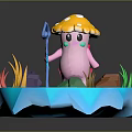 Cute Pink Cartoon Creature With Yellow Mushroom Hat Holding Cane On Platform With Colorful Stones And Grass