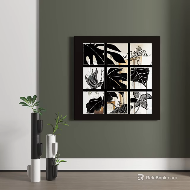 Abstract Painting Black Frame Multiple Grid Leaf Patterns Black White Beige Green Plant Accent 3d model