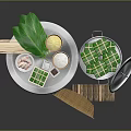 Green Wrapped Traditional Rice Dumplings With Metal Bucket Leaves Sauce Bamboo Sticks Mat And Firewood