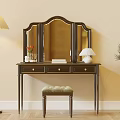Elegant Dressing Table with Tri-Fold Mirror Stool Table Lamp and Potted Plant 3d model