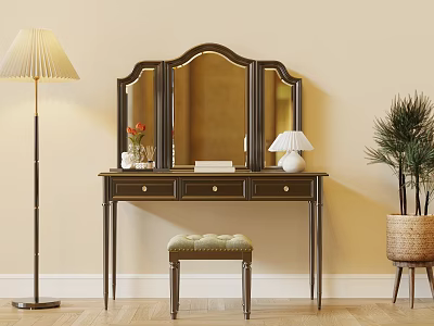 Elegant Dressing Table with Tri-Fold Mirror Stool Table Lamp and Potted Plant 3d model