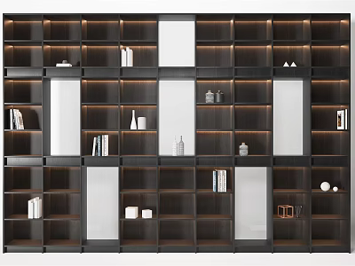 Modern Dark Wood Display Cabinet With Illuminated Shelves Books Mirrors And Decorative Items 3d model