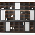 Modern Dark Wood Display Cabinet With Illuminated Shelves Books Mirrors And Decorative Items