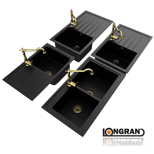 Modern Black Double Bowl Washbasins Featuring Golden Faucets And Granite Finish 3d model 