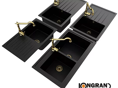 Modern Black Double Bowl Washbasins Featuring Golden Faucets And Granite Finish 3d model