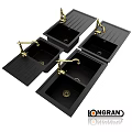 Modern Black Double Bowl Washbasins Featuring Golden Faucets And Granite Finish