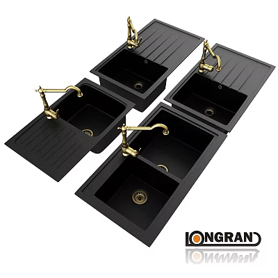 Modern Black Double Bowl Washbasins Featuring Golden Faucets And Granite Finish 3d model
