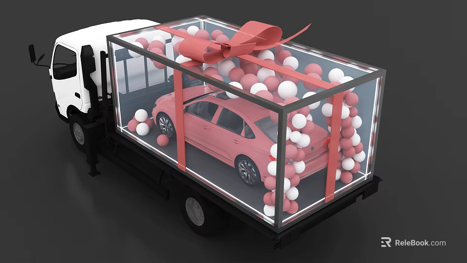 Truck Delivers Pink Car With Balloons And Bow 3d model 