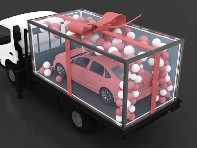Truck Delivers Pink Car With Balloons And Bow 3d model
