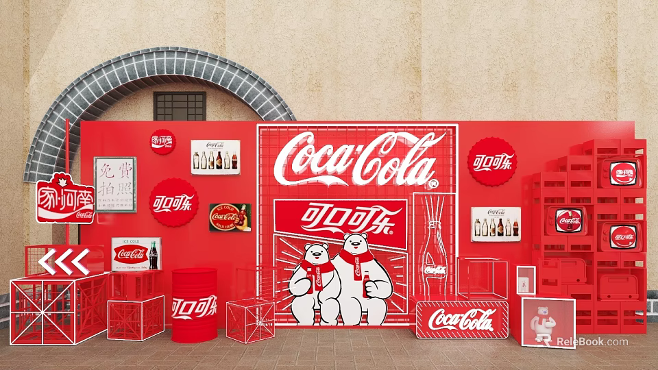 Coca Cola Red Wall Display With Chinese Brand Characters Bear Mascots And Product Boxes 3d model 