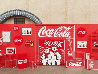 Coca Cola Red Wall Display With Chinese Brand Characters Bear Mascots And Product Boxes 3d model