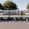 Outdoor Canopy Covered Bicycle And Electric Scooter Parking Area With Trees And Mountain Lake View