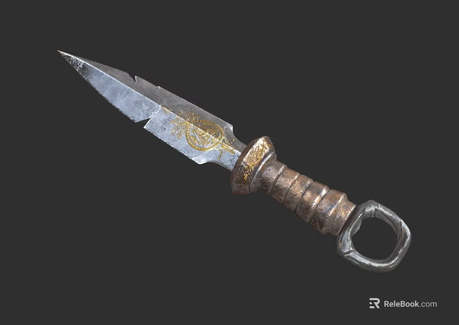Rustic Decorative Dagger With Golden Patterned Metal Blade And Leather Wrapped Ring Pommel Handle 3d model 