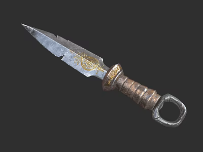 Rustic Decorative Dagger With Golden Patterned Metal Blade And Leather Wrapped Ring Pommel Handle 3d model