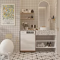 Modern Bathroom Interior Featuring White Tiled Walls Arched Mirror Lemon Art And Patterned Countertop