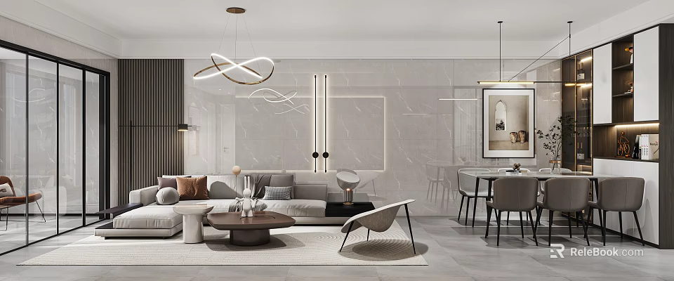Modern Living and Dining Room Interior With Stylish Sofa Coffee Table And Dining Set 3d model 