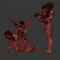 Women In Red Blue Dresses With Angelic Children Wings Halo Kneeling Holding