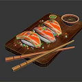 Fresh Sushi Slices on Wooden Board with Chopsticks and Soy Sauce Garnished