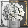 Decorative Ornament Set with White Roses Chrysanthemums Green Eucalyptus in Gray Pot and Golden Frame