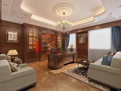 Classic Office Interior Featuring Wooden Paneling Chandelier Sofa Desk And Rug 3d model