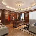 Classic Office Interior Featuring Wooden Paneling Chandelier Sofa Desk And Rug
