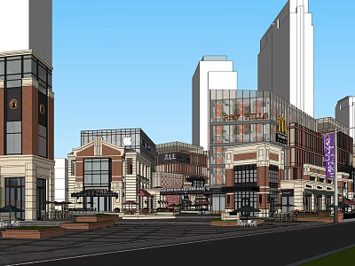 Modern Commercial Street With Multi story Buildings Shops Restaurants And Outdoor Seating 3d model