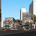Modern Commercial Street With Multi story Buildings Shops Restaurants And Outdoor Seating