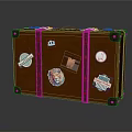 Vintage Brown Leather Suitcase With Colorful Travel Stickers And Metal Hardware
