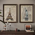Abstract Paintings Featuring Eiffel Tower Statue of Liberty with Map Texture Background in Brown Frames 3d model