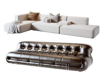 Modern Sectional Sofa with Plush Pillows and Vintage Tufted Leather Details 3d model