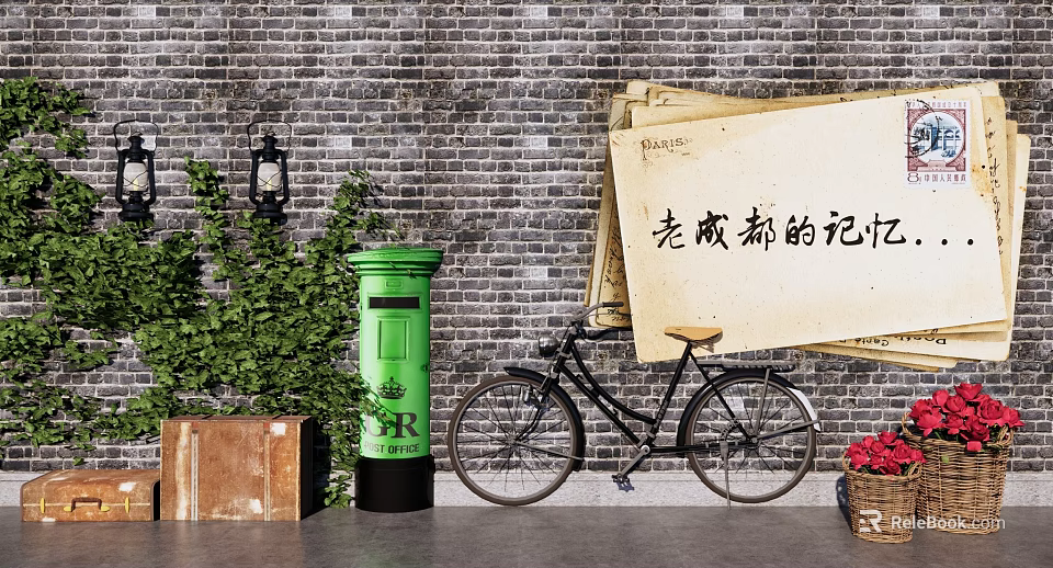 Scenic Wall with Brick Background Green Postbox Vintage Bicycle and Plants 3d model 