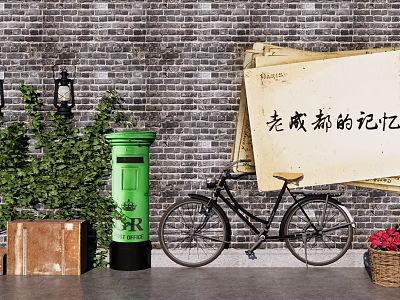 Scenic Wall with Brick Background Green Postbox Vintage Bicycle and Plants 3d model