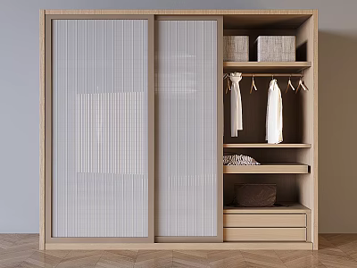 Modern Wardrobe with Sliding Doors Wooden Frame Vertical Stripe Design Hanging Section Folded Clothes Drawers 3d model