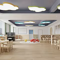 Bright Kindergarten Classroom Interior With Cloud Shaped Lights Wooden Tables Bookshelves And Toy Car