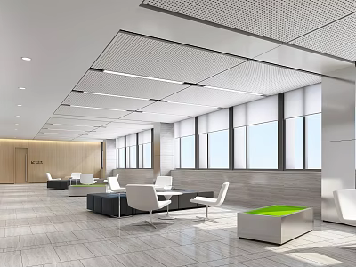 Stylish Modern Hotel Public Lounge With Large Windows Comfortable Seating And Coffee Tables 3d model