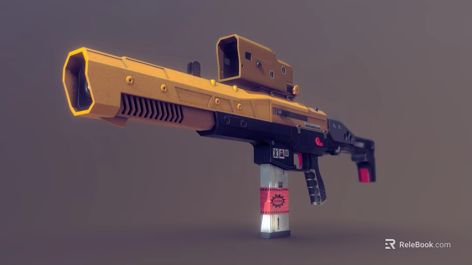 Golden Black Tactical Weapon With Scope And Red White Label Pattern Design 3d model