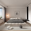 Modern Bedroom With Large Window Gray Bedding White Bed Frame And Wall Art 3d model